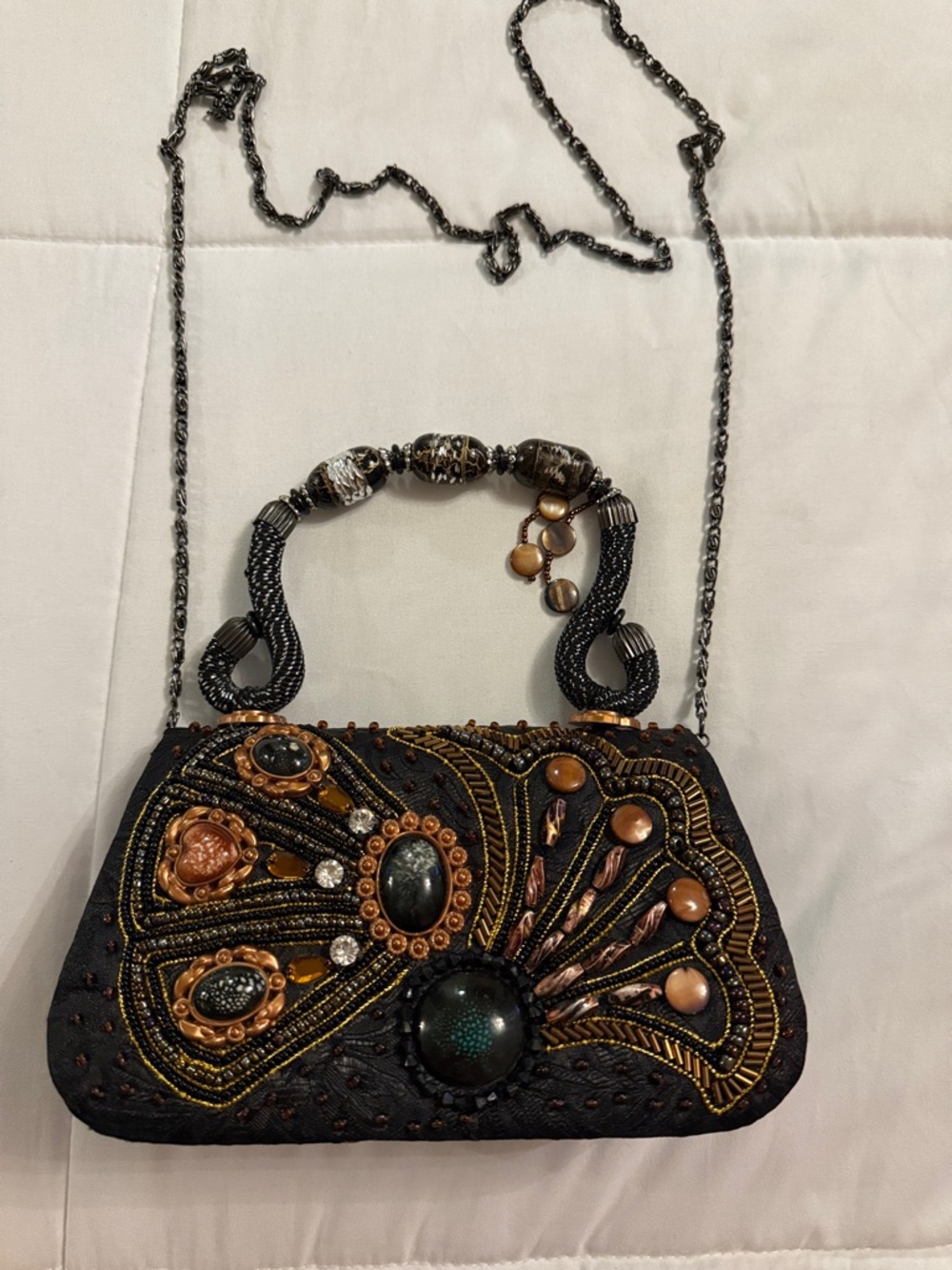 Black Beaded Embellished Evening Clutch with Copper Accents